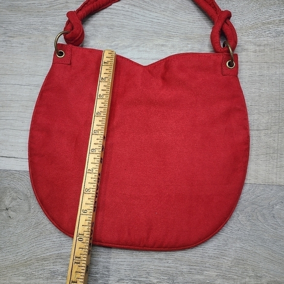 VINTAGE Escada Red Velvet Bronze Logo Sweetheart Knotted Strap Handbag - Picture 10 of 11